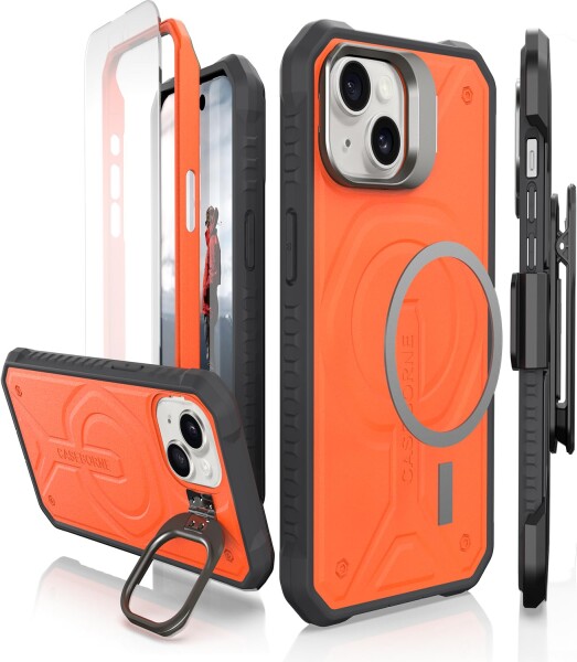 Caseborne iPhone 15 互換保護ケース - 5層構造、MagSafe互換、スリムでありながら頑丈な強化ガラススクリーンプロテクター、キックスタンド＆ベルトクリップホルスター付属