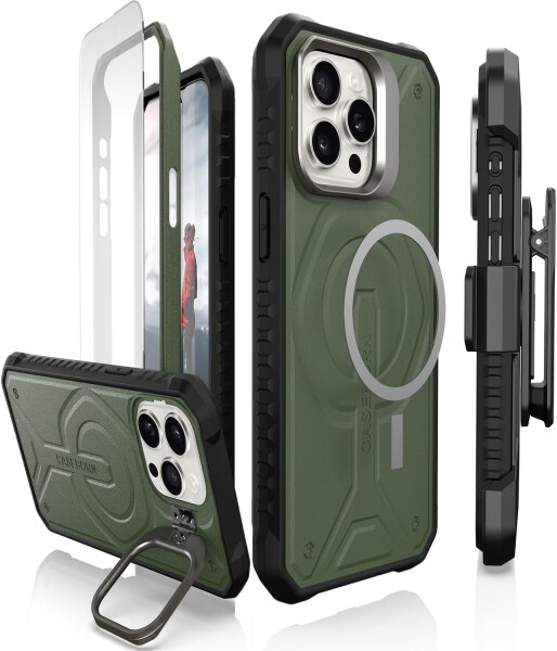 Caseborne iPhone 15 Pro Max 保護ケース - 5層構造、MagSafe互換、スリムでありながら頑丈な強化ガラススクリーンプロテクター、キックスタンド＆ベルトクリップホルスター付属