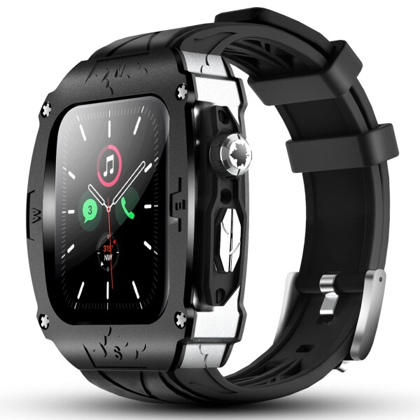 YiMingSun Apple Watch用メタルケース Apple Watchシリーズ9 8 7 45mm用 メンズ 頑丈なケース バンパー 頑丈なメタルカバー バンド付き iWatch 6 5 4 SE 44mm用 (ブラック - シルバー)