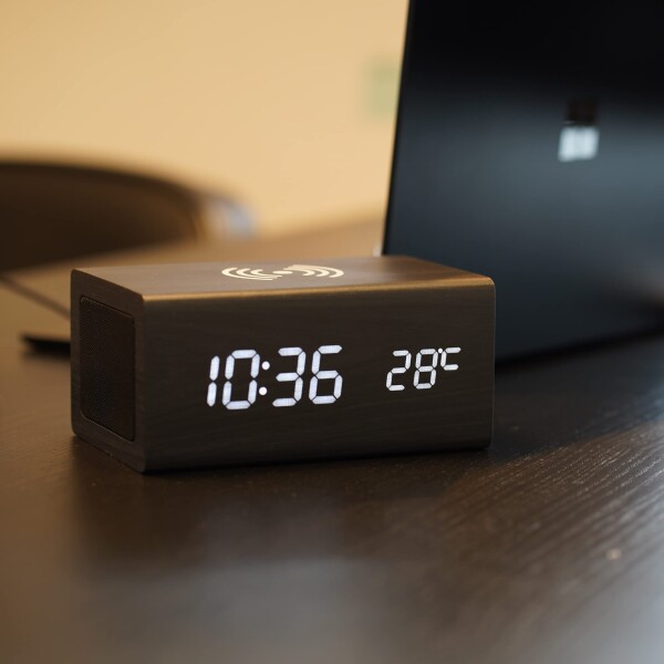 WOOD SHOW bluetooth5.0 スピーカー時計 おしゃれ ワイヤレススピーカー 多機能時計 温度計付き 目覚まし時計 アラーム時計 Qi国際規格 電波法認証取得済み USB給電 (スタイリッシュ黒)