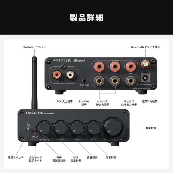 Fosi Audio BT30D PRO Hi-Fi Bluetooth 5.0 パワーアンプ TPA3255 2.1