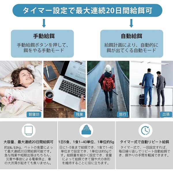 自動給餌機 猫 犬 ペット 餌やり 給餌器 タイマー 3.5L 1日5食 最大20日連続給餌 録音可 2Way給電 赤線センサー 自己保護機能 取り外し可 お手入れ簡単 日本語対応説明書付き 半透明タンク_6