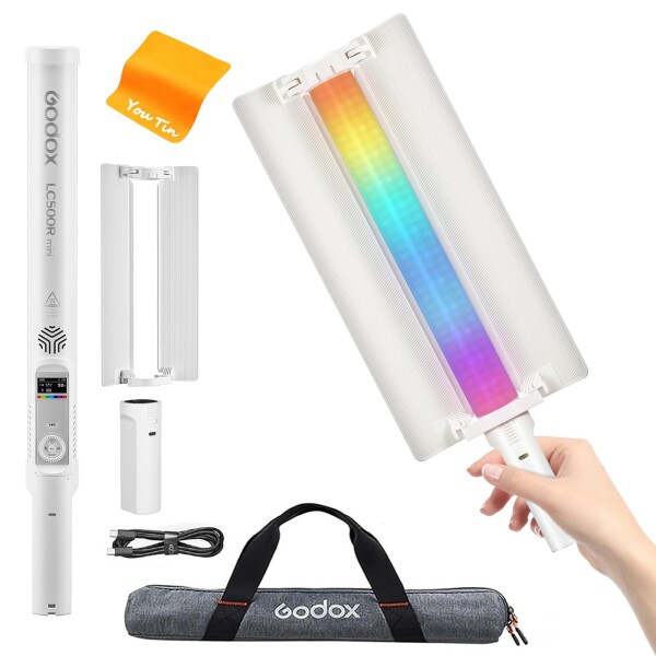 GODOX LC500R Mini LEDビデオライト、360°RGB ハンドヘルド 写真ランプ20W ポータブル ビデオ ライト 2500K-8500K調整可能、2470mAh 取り外し可能なType-C充電ハンドル撮影照明,15 FX 照明効果、CRI ?95 TL