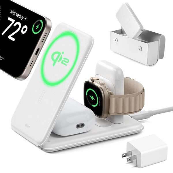 ESR Qi2 3-in-1ワイヤレス充電器 iPhone & Apple Watch用Qi2 MagSafe充電スタンド(認証) iPhone 16/15/14/13/12 & Watch & AirPods 4/3/A