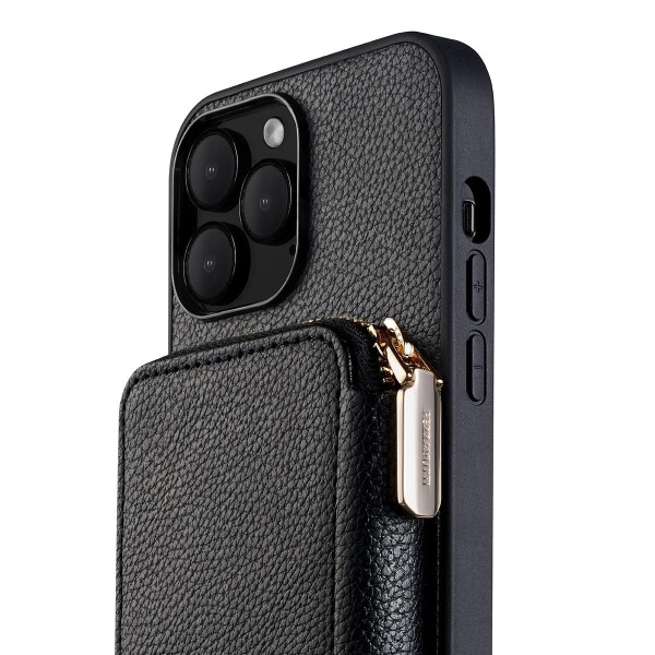 FERRAVUTTI iPhone 13 Pro Max 対応ケース ショルダー タイプ 肩掛け 斜めかけ 背面財布型ケース 上質PUレザー 耐衝撃 保護 盗難防止 カード入れ付き 腕ストラップ付き 多機能スマホケース(ブラ