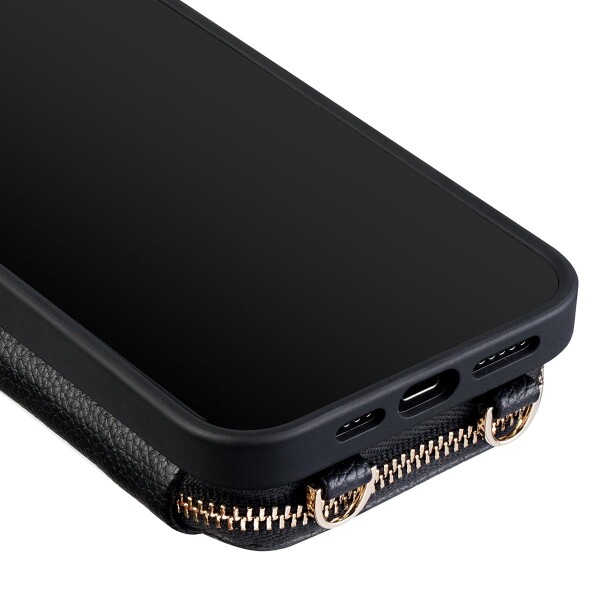 FERRAVUTTI iPhone 13 Pro Max 対応ケース ショルダー タイプ 肩掛け 斜めかけ 背面財布型ケース 上質PUレザー 耐衝撃 保護 盗難防止 カード入れ付き 腕ストラップ付き 多機能スマホケース(ブラ