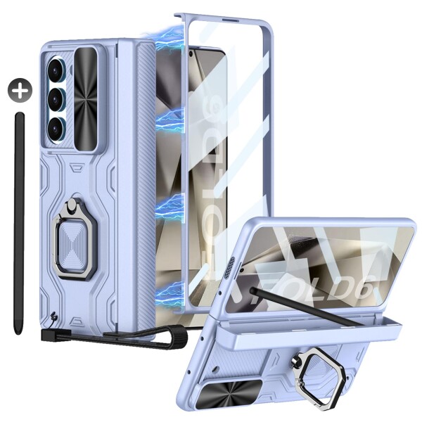 FODDOM Galaxy Z Fold6ケース リングケース ガラスフィルム付き/Sペン内蔵収納/レンズ保護/スタンド機能/磁気ヒンジ/ストラップ付き/全身保護/耐衝撃/おしゃれ/落下防止 Fold6ケース (ライトブ