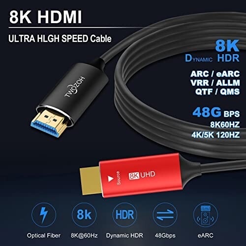 Twozoh 8K ファイバー HDMI ケーブル 15M 高速HDMI 2.1 光 ファイバー