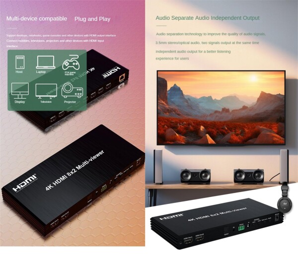 4K 60hz HDMI 8x2 マルチ・ビューアー PIP付 8入力2出力 デュアル・ディスプレイ・シームレス・スイッチャー 光3.5mmオーディオ 2x1 3x1 4x1 5x1 6x1 8x1 マルチ・ビューア_8