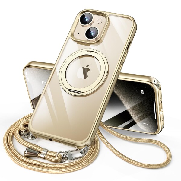 iPhone14 用 ケース ダブルリング付き ショルダー ストラップ付き 多機能360度回転スタンド MagSafe対応 ワイヤレス充電対応 耐衝撃 薄型 透明 PC + 軽量 シリコン TPUバンパー おしゃれ スマホ