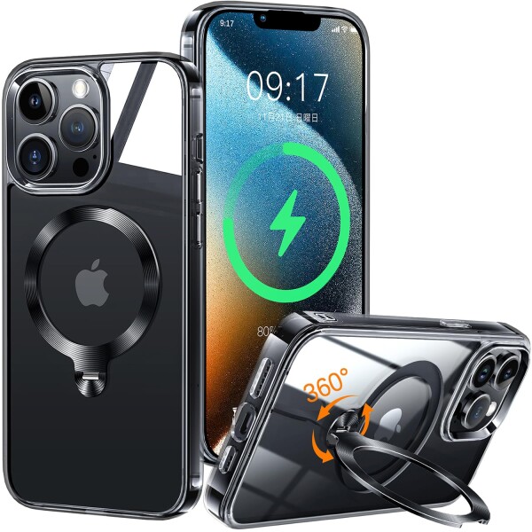 ZapNet iPhone 13 Pro Max用 クリア ケース Magsafe 対応 (定点スタンド・超絶安定性)(本体を再現・極透明)ストラップホール付き マグセーフ ワイヤレス充電対応 黄変防止 米軍MIL規格取得・耐衝