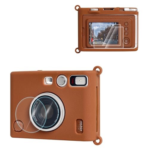 VOVMOEYA シリコンケース+強化ガラススクリーン保護フィルム+PET製レンズプロテクター For FUJIFILM Instax Mini Evo、チェキ Instax Mini Evoアクセサリー シリコンカバー カメラ保護ケース コンパク