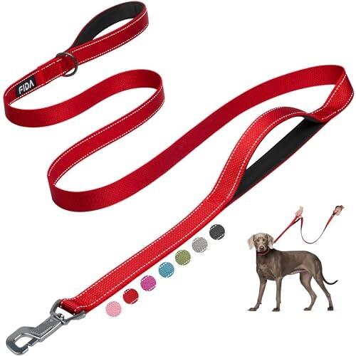 Fida リード 犬用 ロングリード 持ち手2個 柔らかいパッド付き 小型犬 中型犬 大型犬 ペット用 訓練リード 夜間反射 (1.8ｍ, レッド)