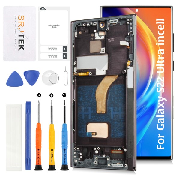 SRJTEK For Samsung Galaxy S22 Ultra 5G InCell LCD液晶パネル画面交換修理用SC-552C SC-G14/ SM-S908モデルに対応 フレーム付き タッチパネルデジタイザー LCDディスプレイタッチスクリーン デジタイザー