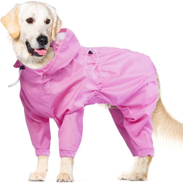 Kuoser犬服 犬用レインコート 着脱式帽子付き 雨対策 ファスナー付き ドローストリング調節 反射テープ付き ドッグ雨具 防水素材 防風 通気性 アウトウエア ピンクL
