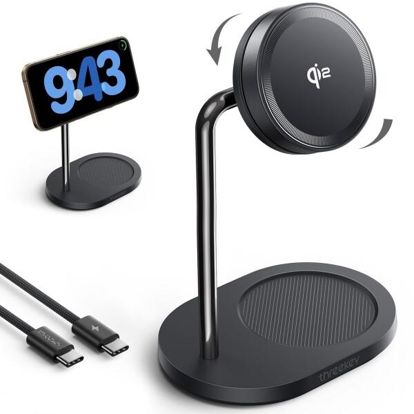 Qi2 Magsafe 対応ワイヤレス充電器スタンド iPhone 16 用、Threekey Qi2公式認証の15W超低温&PSE技術基準適合 磁気デスク充電ステーション 1?1適合 置くだけ充電+60W Type-C ブレイドケーブル iPhone 15/