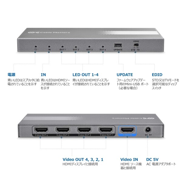 Cable Matters 18Gbps HDMI 分配器 1入力4出力、4K@60Hz、HDMI 2.0 スプリッタ、HDR/HDCP 2.2対応、同時出力_1
