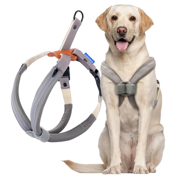 CROWN KONI犬用ハーネス 引っ張り防止 (首に窒息なし) 簡単着脱 咳き込み軽減 クイックプルサイズ調整 小型中大型犬用 歩行補助用 しつけ用 散歩用 ソフトで快適なクッション付き (グレー,