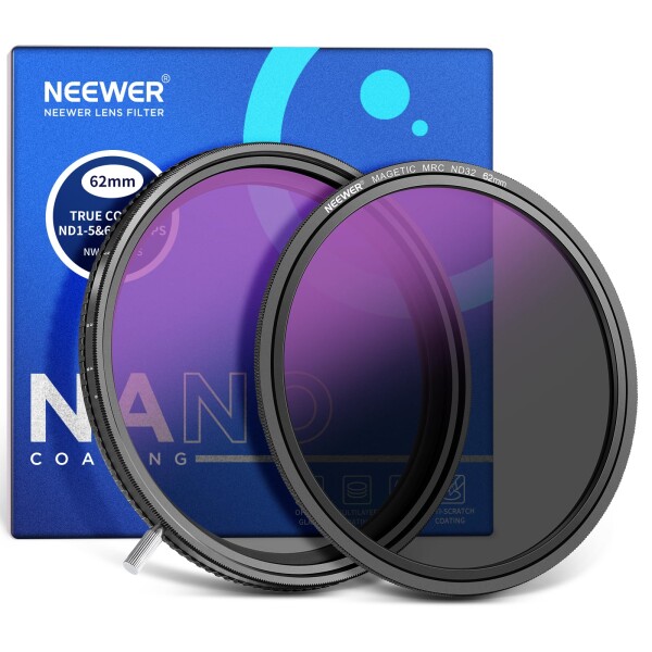 NEEWER 62mm トゥルーカラー可変減光フィルター 減光 ND2-512(1-9ストップ) VNDと磁気ND32レンズフィルター マルチコーティング 色ずれ/Xクロス/ケラレなし 防水/キズ防止/指紋防止