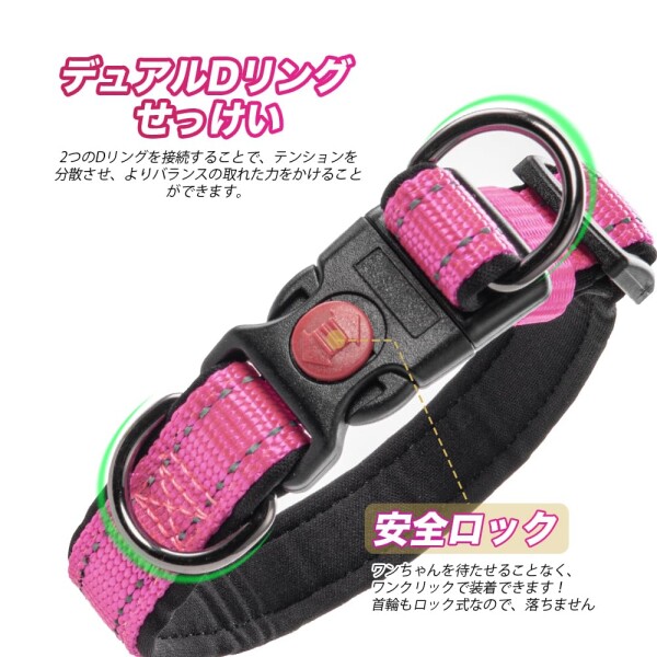 TSPRO 犬用首輪 脱落防止 反射素材 ダブル D カン ワンタッチ装着