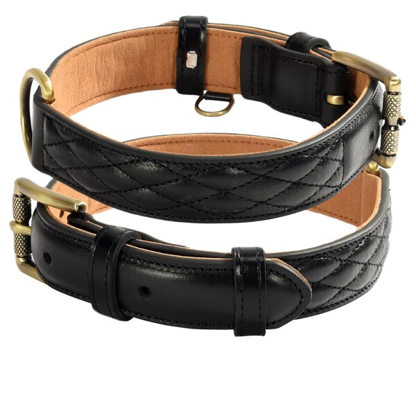 Beanspet 本革製犬首輪 キルティングデザイン アンティーク金具 5カラー 5サイズ (ブラック, XL)