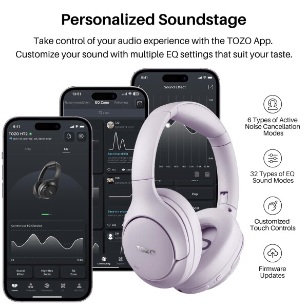 TOZO HT2 ワイヤレスノイズキャンセリングヘッドホン Hi-Res ハイレゾ対応 bluetooth (5.3) AUX有線接続（USB非対応） アクティブノイズキャンセリング 38dB低減 暖色系音質 カスタムEQ「寒色系変_5