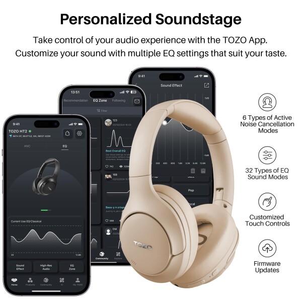 TOZO HT2 ワイヤレスノイズキャンセリングヘッドホン Hi-Res ハイレゾ対応 bluetooth (5.3) AUX有線接続（USB非対応） アクティブノイズキャンセリング 38dB低減 暖色系音質 カスタムEQ「寒色系変_5