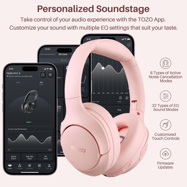 TOZO HT2 ワイヤレスノイズキャンセリングヘッドホン Hi-Res ハイレゾ対応 bluetooth (5.3) AUX有線接続（USB非対応） アクティブノイズキャンセリング 38dB低減 暖色系音質 カスタムEQ「寒色系変_3