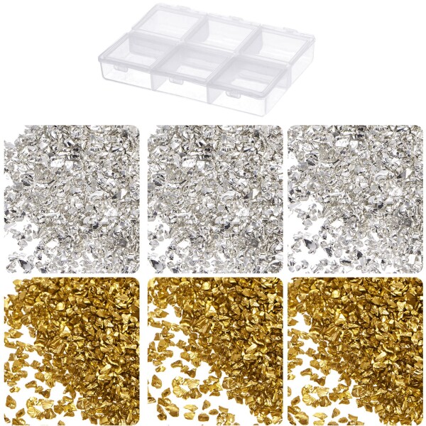 Kozelo 2色の砕けたガラスチップ - (1-3mm x 33g) 不規則な金色と銀色のメタリックガラス DIY装飾やネイルアートに使用 電気めっき仕上げ