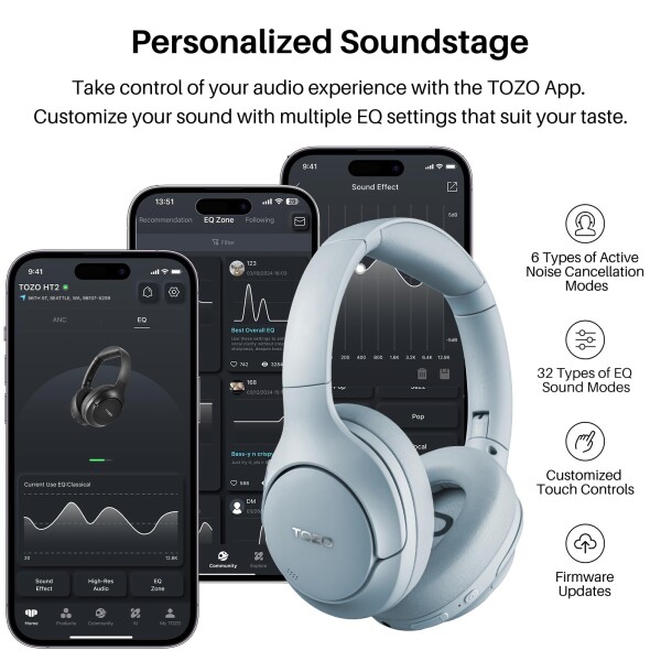 TOZO HT2 ワイヤレスヘッドホン Hi-Res Audio(有線ハイレゾ) 40mm ダイナミックドライバ 密閉型 折り畳み式 軽量 Bluetooth5.3 無線 Type-C & AUX有線接続 最大38dBのノイズを低減ノイズキャンセリング_5