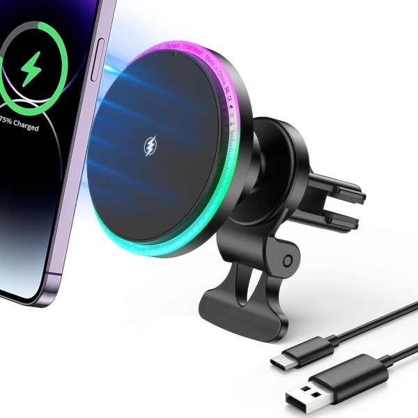 適用於magsafe 車載 ワイヤレス充電器 Uandear マグセーフ 車載スマホホルダー ワイヤレス充電 エアベントクリップ 適用於magsafe 車載ホルダー マグネット エアコン吹き出し口用 車 充電器 iP