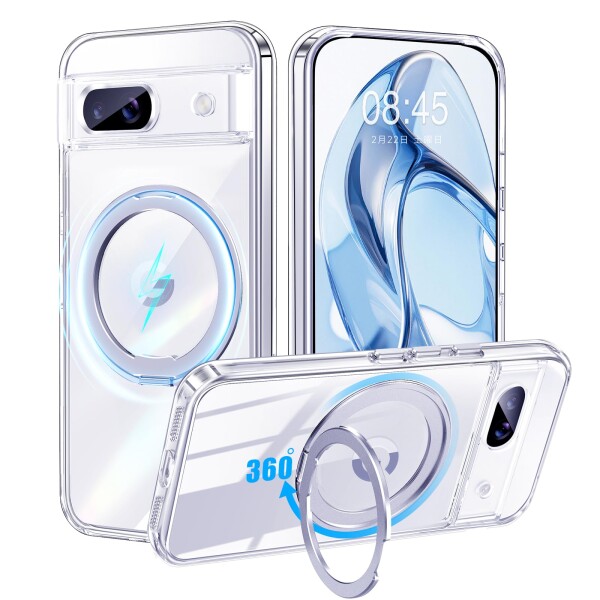 Google Pixel 8A 用 ケース MagSafe対応 リング 360°回転スタンド機能 縦横両対応 透明 黄ばみ防止 ワイヤレス充電 レンズ保護 耐衝撃 携帯カバー グーグルピクセル8A カバー 6.1 インチ マグネッ