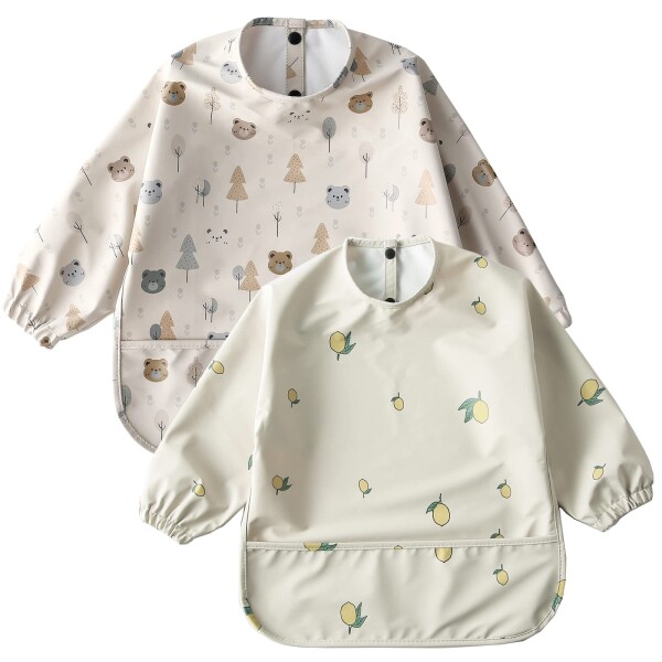 (kalavika) お食事エプロン ベビー 長袖 食事スタイ 北欧調 洗える 袖付き 離乳食 エプロン 2枚セット 赤ちゃん 女の子 男の子 ベビー スモック 防水 子供 キッズ 食事用エプロン 0歳 1歳 2歳