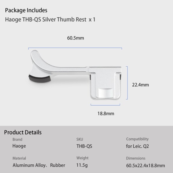 Haoge Metal Thumbs Up Hand Grip ライカ Q2 カメラ THB-QS シルバー ホットシュー サムアップレスト_6