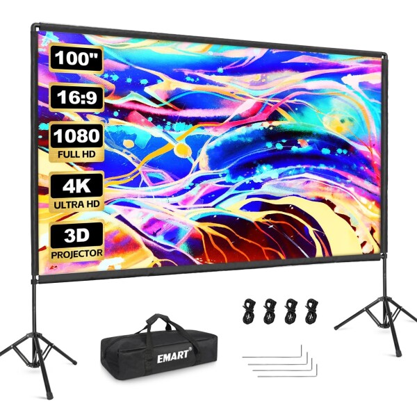 EMART プロジェクター スクリーン 100インチ 4K 16:9 HD 3D対応 スタンド付き 大画面 軽量 スクリーン プロジェクター用 projector screen 視野角160° お手入れ簡単 折りたたみ式 持ち運び 自立式 投