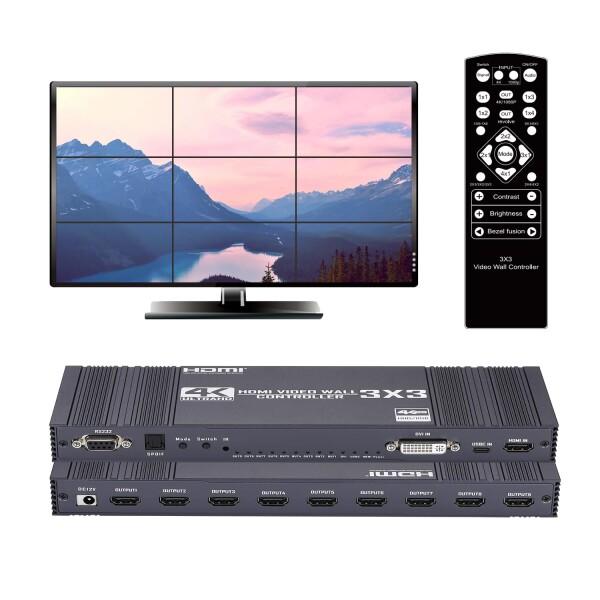 3x3 HDMI ビデオウォールコントローラー 4K@30Hz HDディスプレイ 1920x1080P 60Hz DVI USB-C RS232 映像入力 9 HDMI 出力 リモコン付き、縁消し、90°/180°/270°回転切り替え、13つのディスプレイモード3x3