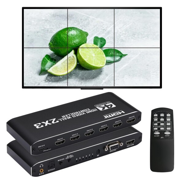 2x3 HDMI ビデオウォールコントローラー 4K@30Hz HDディスプレイ 1920x1080P 60Hz RS232 映像入力 6 HDMI 出力 リモコン付き、縁消し、180°回転切り替え、14つのディスプレイモード 2x3、2x2、3x2 1x1、1x2
