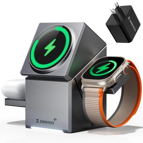 ワイヤレス充電器 3in1 Magsafe Qi2認証 マグセーフ 回転式 マグネット 急速 15W スタンド iPhone17/16/15/14/13/12シリーズ iWatch Ultra2/Ultra/SE/10/9/8 AirPods 4/3/Pro/Pro2対応 30Wアダプター付属 同時充電 角