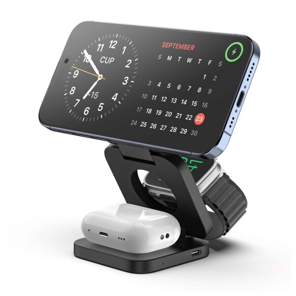 KU XIU X55 ワイヤレス充電器 3in1 MagSafe対応 折り畳みスタンド マグネット充電 5/7.5/15W 急速充電 置くだけ充電 iPhone17/16/15/14/13/12/Air対応 AirPods/Apple Watch充電器対応 ブラック