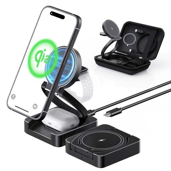 SIKAI CASE Qi2 ワイヤレス充電器 Mag-Safe対応 折りたたみ式 Qi2充電スタンド 3in1 マグセーフ充電器 最大15Ｗ高速出力 マグネット式 角度調整 合金質感 薄型軽量 iPhone16/15/14/13/12/ AirPods Pro/ワイ