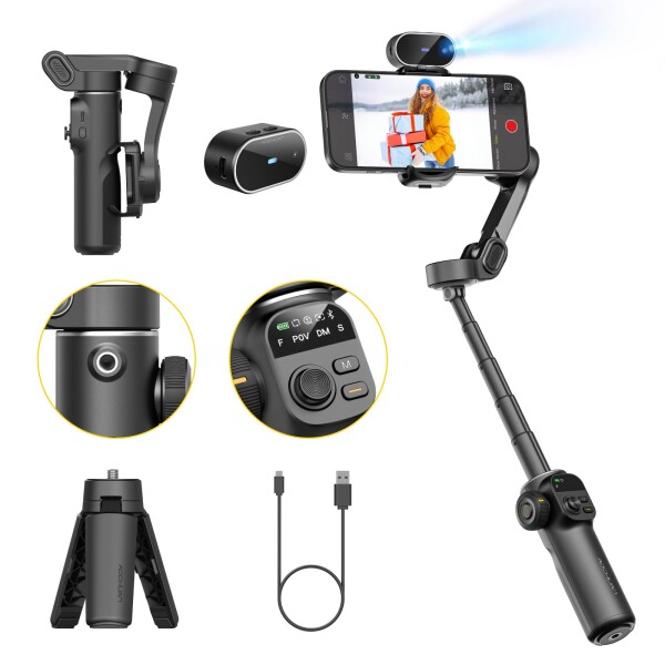 AOCHUAN iPhone用ジンバルスタビライザー、AIトラッキングセンサー付き、7.8インチ延長ロッドとジンバル用OLEDスクリーンで撮影を向上、スポーツ撮影用の8.0安定性を備えたPhoneジンバル、Sma