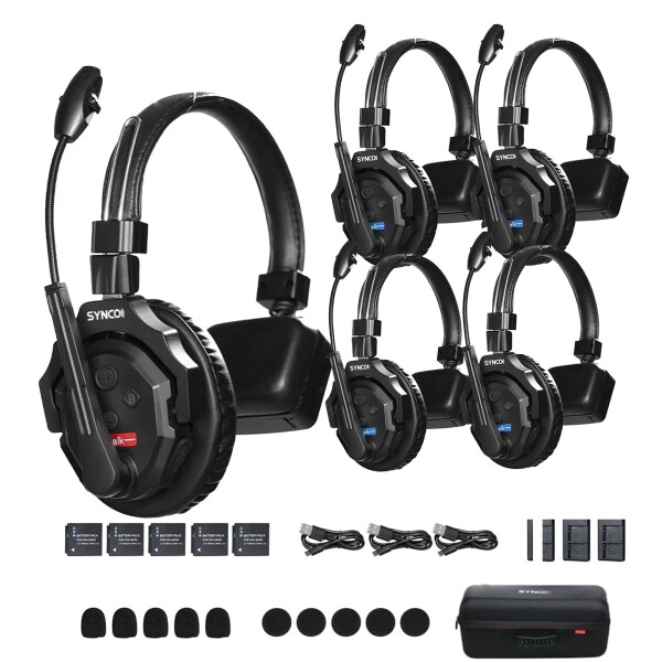 SYNCO XTALK X5 ワイヤレスヘッドセットインターホンシステム 5人対応 350M/1148ft伝送 3.5mmリアルタイムモニタリング チーム通信 最大20H稼働 複数セット組み合わせ可能 撮影用 ライブ放送用(5S