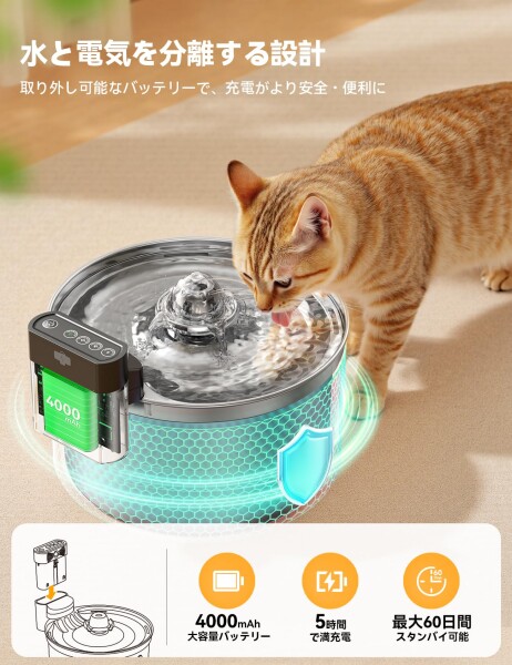 猫 給水器 コードレス充電式 自動 FEELNEEDYステンレス製 ペット用ウォーターボウル 3段階水流モード（センサー/間欠/連続） 多層フィルター付き ワイヤレス 猫 水飲み場 給水機 304ステン_2