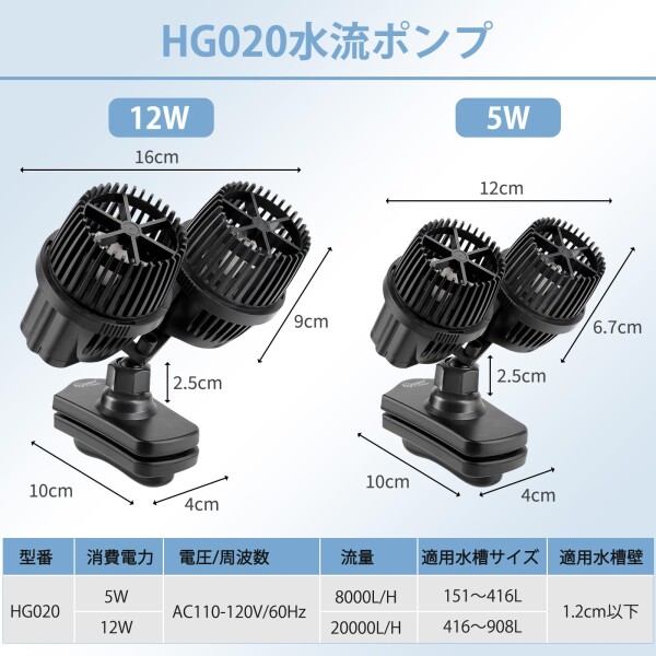 hygger 水流ポンプ 8000L/H 強力 360°調節可能 マグネット/吸盤 低騒音