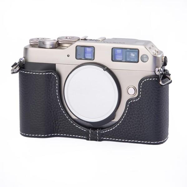 CONTAX G1 専用 手作り本革製 ハーフタイプ カメラプロテクトケース カメラ保護カバー適用Contax G1 コンパクト設計 三脚取り付け可能 キズ・摩耗防止 (Black-white line)