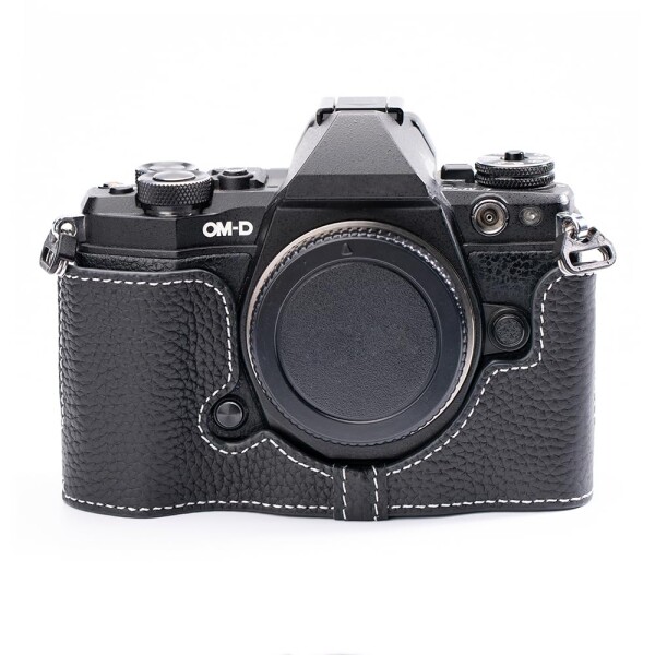 OLYMPUS OM-D E-M5 Mark II 専用 手作り 牛革 バッグカバー ボディケース (Black-white line)