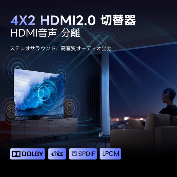 avedio links HDMI マトリックス 4入力2出力 4K@60Hz対応 HDMI音声分離 ARC機能搭載 光デジタル+3.5mmステレオ音声出力対応 オーディオ分離器 リモコン付き Scaler機能搭載_1
