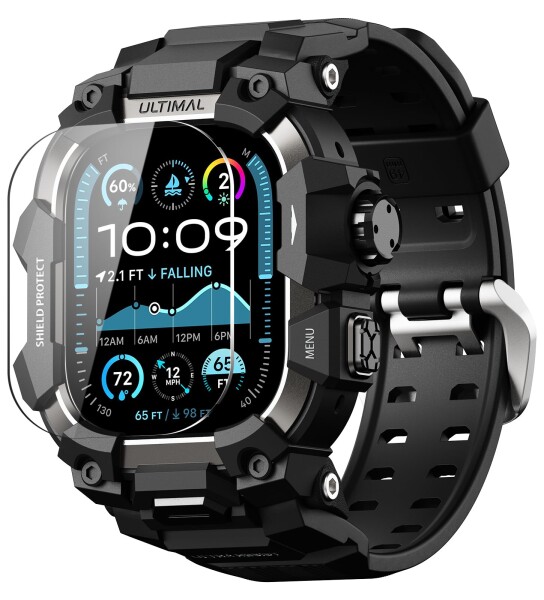 ULTIMAL に対応 Apple Watch Ultra 3/Ultra 2/Ultra（49mm）用 バンド一体型保護ケース 強化ガラスフィルム付き TPU 耐衝撃 高耐久 簡単装着 通気性 アウトドア/スポーツ向け ブラック