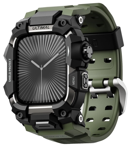 ULTIMAL に対応 Apple Watch 44/45/46/49mm 用 バンド一体型保護ケース 強化ガラスフィルム付き TPU 耐衝撃 高耐久 簡単装着 通気性 アウトドア/スポーツ向け (アーミーグリーン, 46mm)