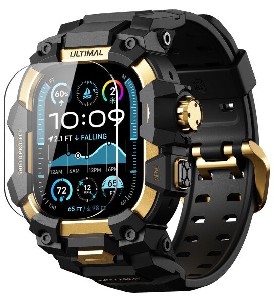 ULTIMAL に対応 Apple Watch Ultra 3/Ultra 2/Ultra（49mm）用 バンド一体型保護ケース 強化ガラスフィルム付き TPU 耐衝撃 高耐久 簡単装着 通気性 アウトドア/スポーツ向け ゴールド・ブラック